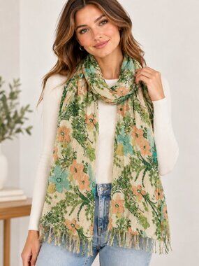 Vintage Style Floral Scarf Green Blue Peach Metallic Thread Fringe 62x17 inches